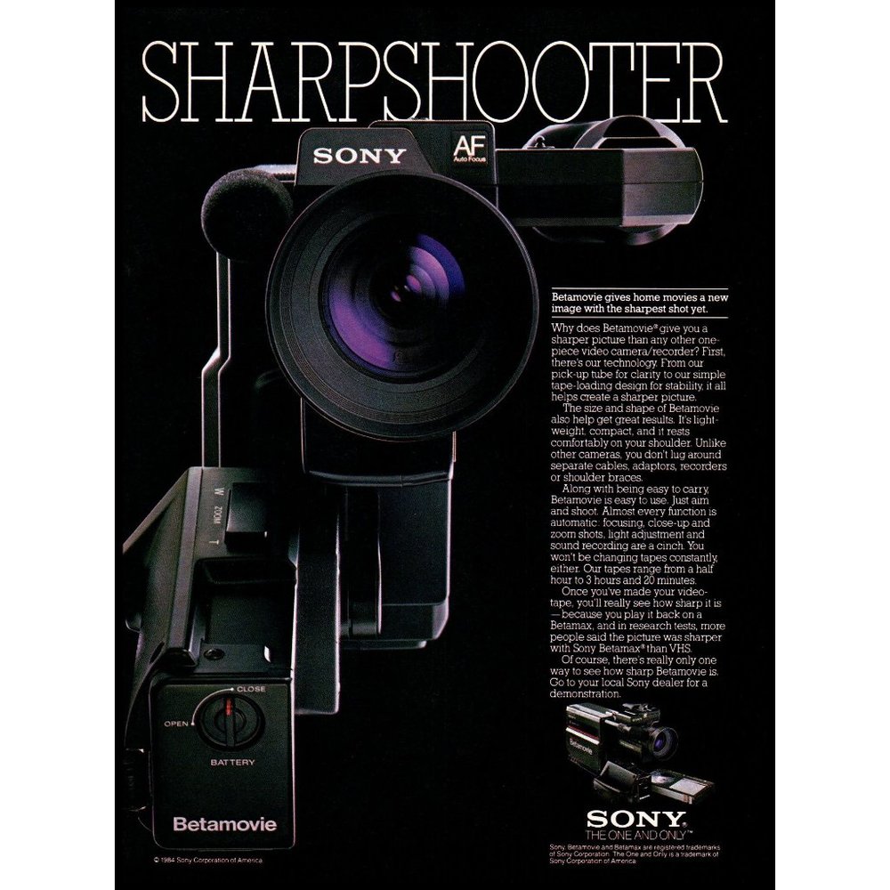 1985 Sony Sharpshooter Betamovie Video Camera Vintage Print Ad Betamax Wall Art